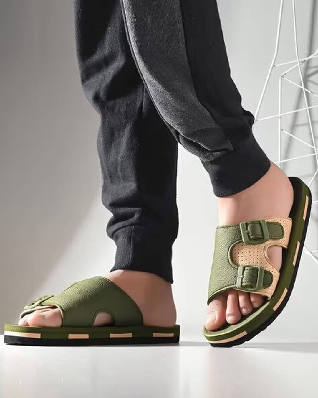 Olive Green Stylish Men’s Comfort Slippers with Dual Buckle – Daily Wear Soft Sole Slides
