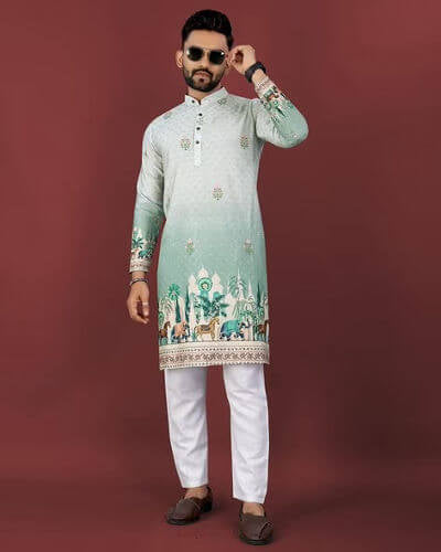 Mint Green Printed Men’s Festive Kurta – Premium Ethnic Wear for Weddings & Functions