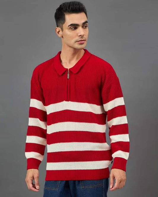 Men’s Red & White Striped Knitted Sweater – Premium Winter Zip Polo