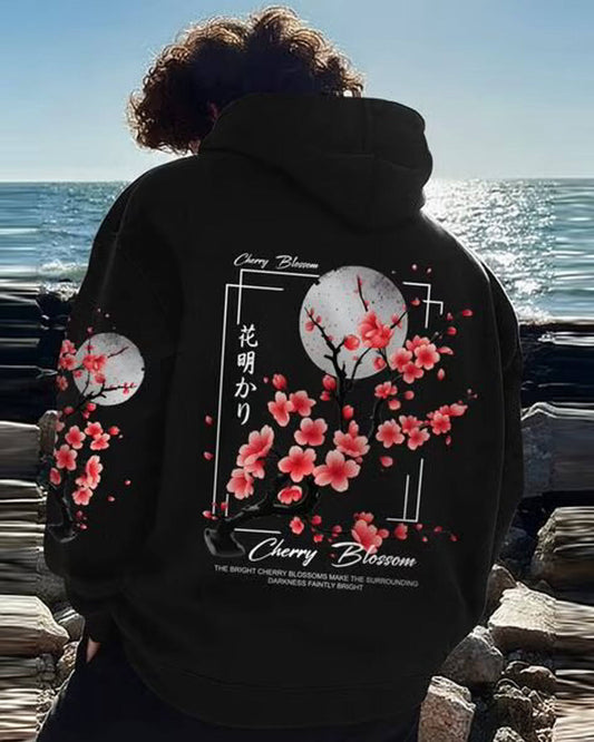 Men Black Floral Printed Hooded Sweatshirt – Cherry Blossom Design | Jump Cuts