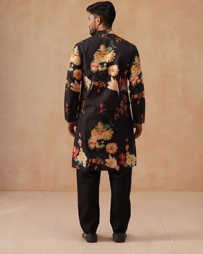 Black Floral Printed Men’s Festive Kurta Set – Stylish Ethnic Wear for Functions & Parties
