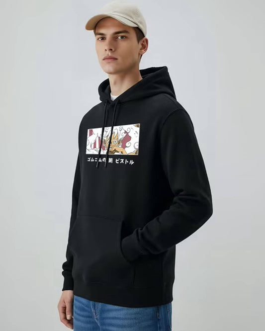Men Black Anime Graphic Oversized Hoodie | Dynamic Action Print Back Design