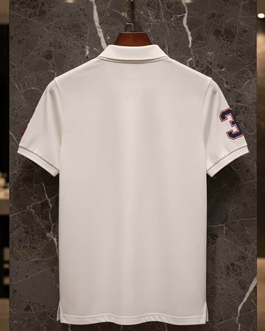 Men’s Classic White Polo T-Shirt – Premium Embroidered Flags Design
