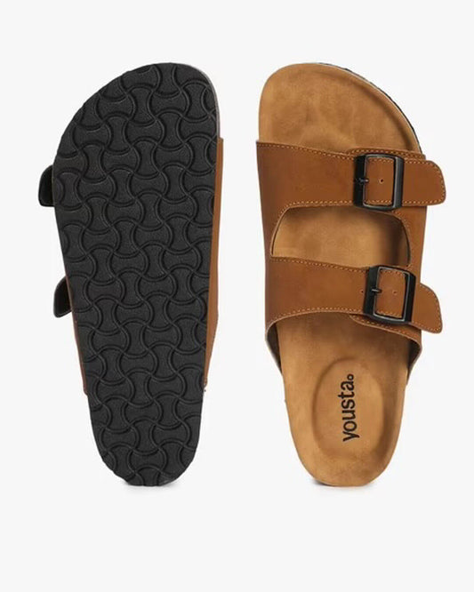 Brown Double Strap Men’s Comfort Slippers – Soft Footbed Casual Slides with Anti-Slip Sole