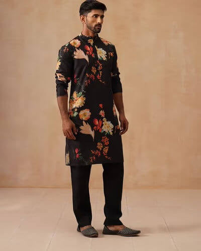 Black Floral Printed Men’s Festive Kurta Set – Stylish Ethnic Wear for Functions & Parties