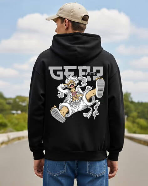 Men Black Anime Graphic Oversized Hoodie | Dynamic Action Print Back Design