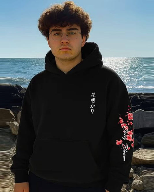 Men Black Floral Printed Hooded Sweatshirt – Cherry Blossom Design | Jump Cuts