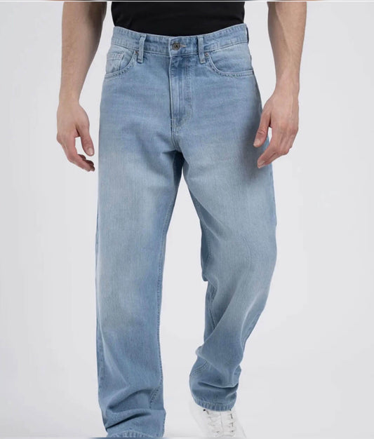 Men’s Mid-Rise Light Fade Baggy Jeans with Cuffed Hem – Non-Stretch Denim