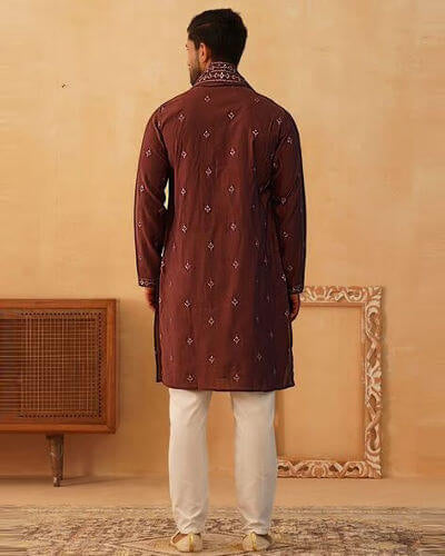 Men’s Maroon Embroidered Festive Kurta Set With Dupatta