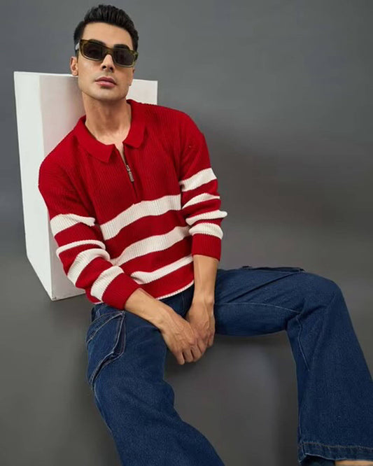 Men’s Red & White Striped Knitted Sweater – Premium Winter Zip Polo