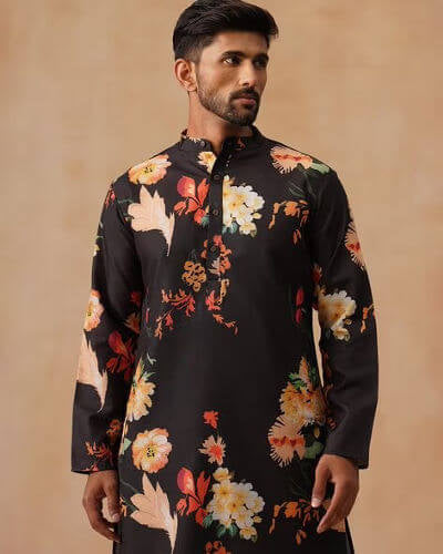 Black Floral Printed Men’s Festive Kurta Set – Stylish Ethnic Wear for Functions & Parties