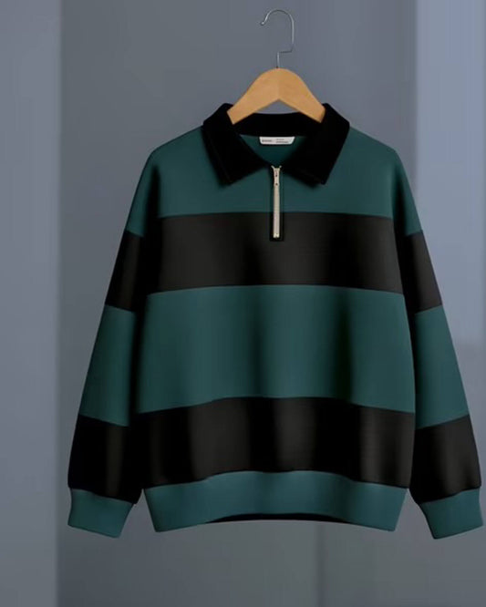 Men’s Green & Black Striped Half-Zip Sweatshirt – Premium Winter Wear