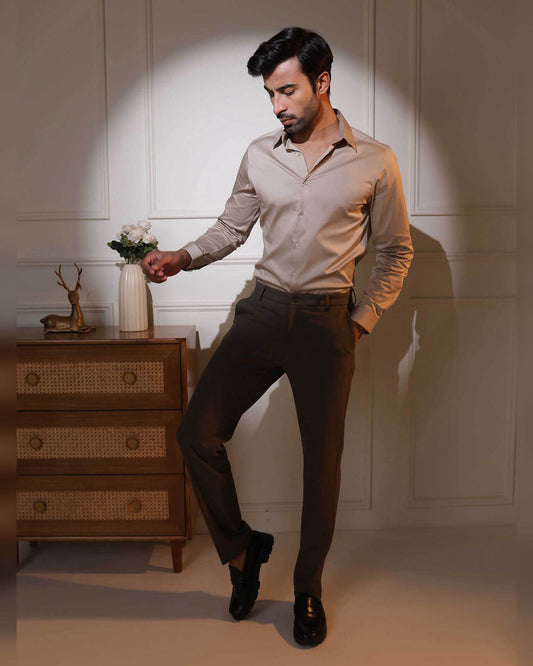 Premium Men’s Beige Shirt & Dark Brown Trouser Combo – Stylish Formal Wear Set