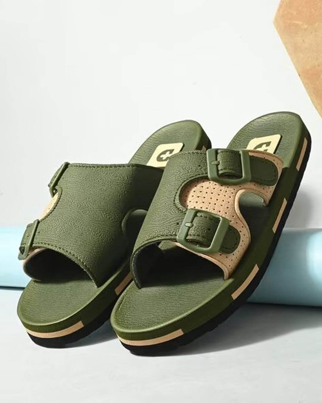 Olive Green Stylish Men’s Comfort Slippers with Dual Buckle – Daily Wear Soft Sole Slides