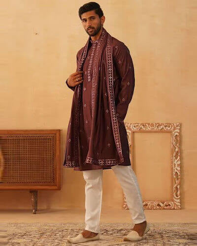 Men’s Maroon Embroidered Festive Kurta Set With Dupatta