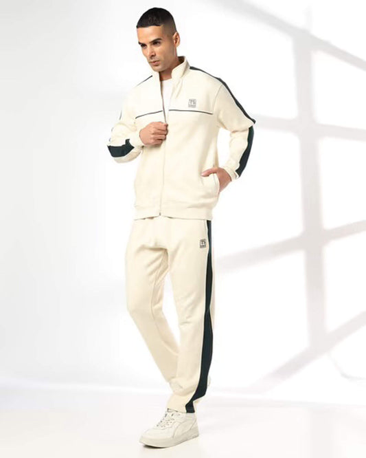 Men’s Premium Cream Track Suit | Contrast Side Stripe Co-ord Set