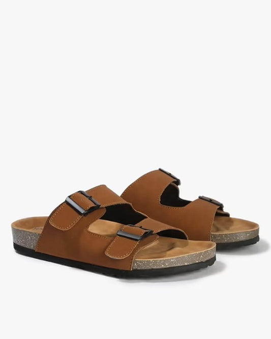 Brown Double Strap Men’s Comfort Slippers – Soft Footbed Casual Slides with Anti-Slip Sole