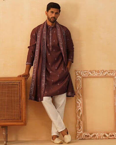 Men’s Maroon Embroidered Festive Kurta Set With Dupatta