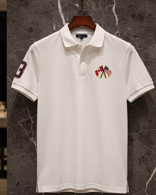 Men’s Classic White Polo T-Shirt – Premium Embroidered Flags Design