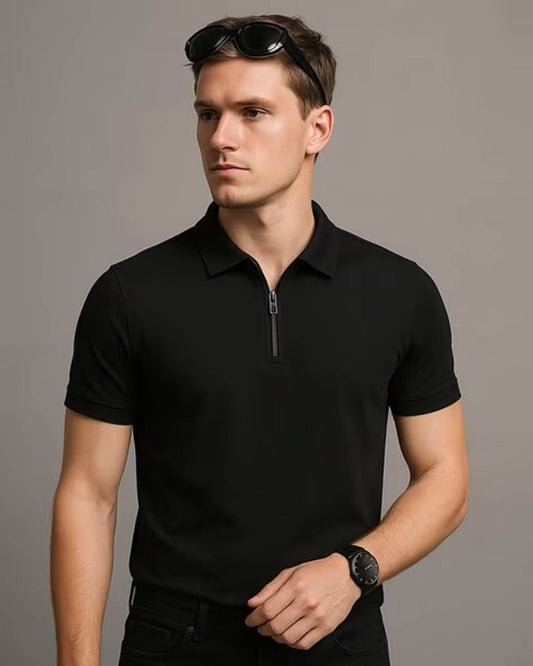 Men’s Premium Black Zip Polo T-Shirt – Stylish Slim Fit Casual Wear