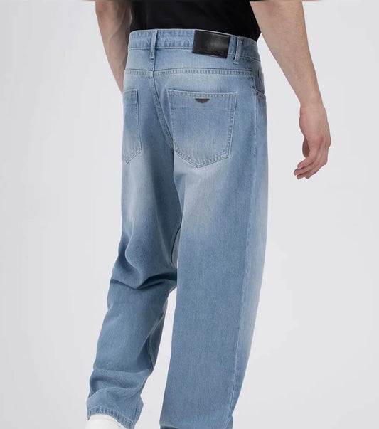 Men’s Mid-Rise Light Fade Baggy Jeans with Cuffed Hem – Non-Stretch Denim