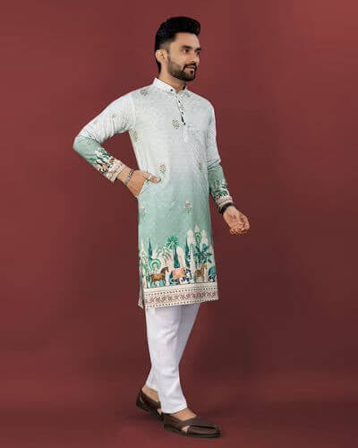Mint Green Printed Men’s Festive Kurta – Premium Ethnic Wear for Weddings & Functions