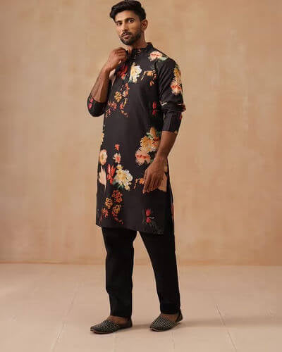 Black Floral Printed Men’s Festive Kurta Set – Stylish Ethnic Wear for Functions & Parties